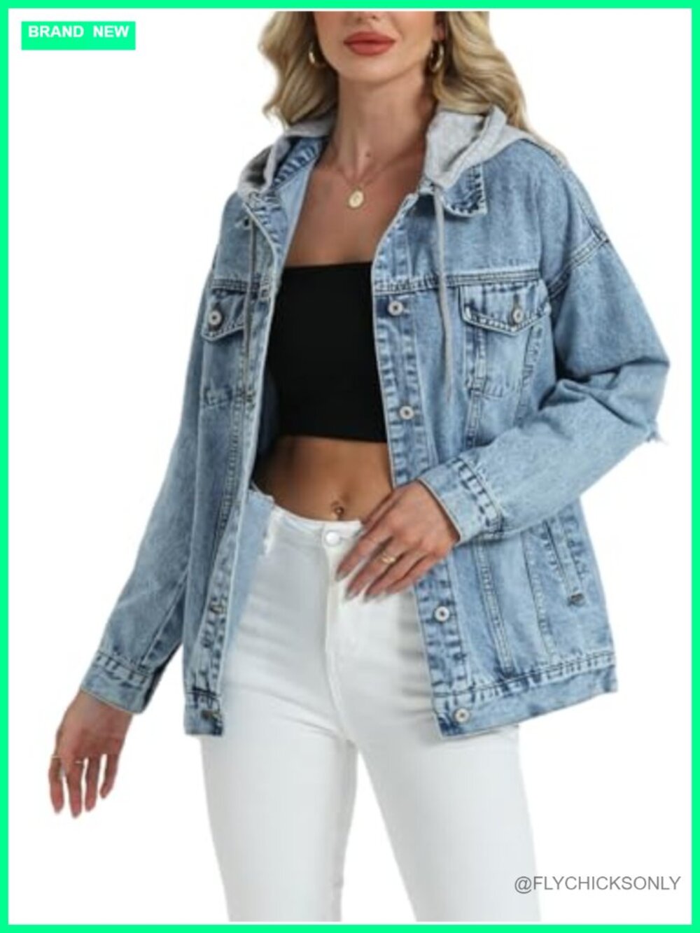 Oversized Distressed Denim Trucker Jacket Button-Up Hooded Cotton Blend